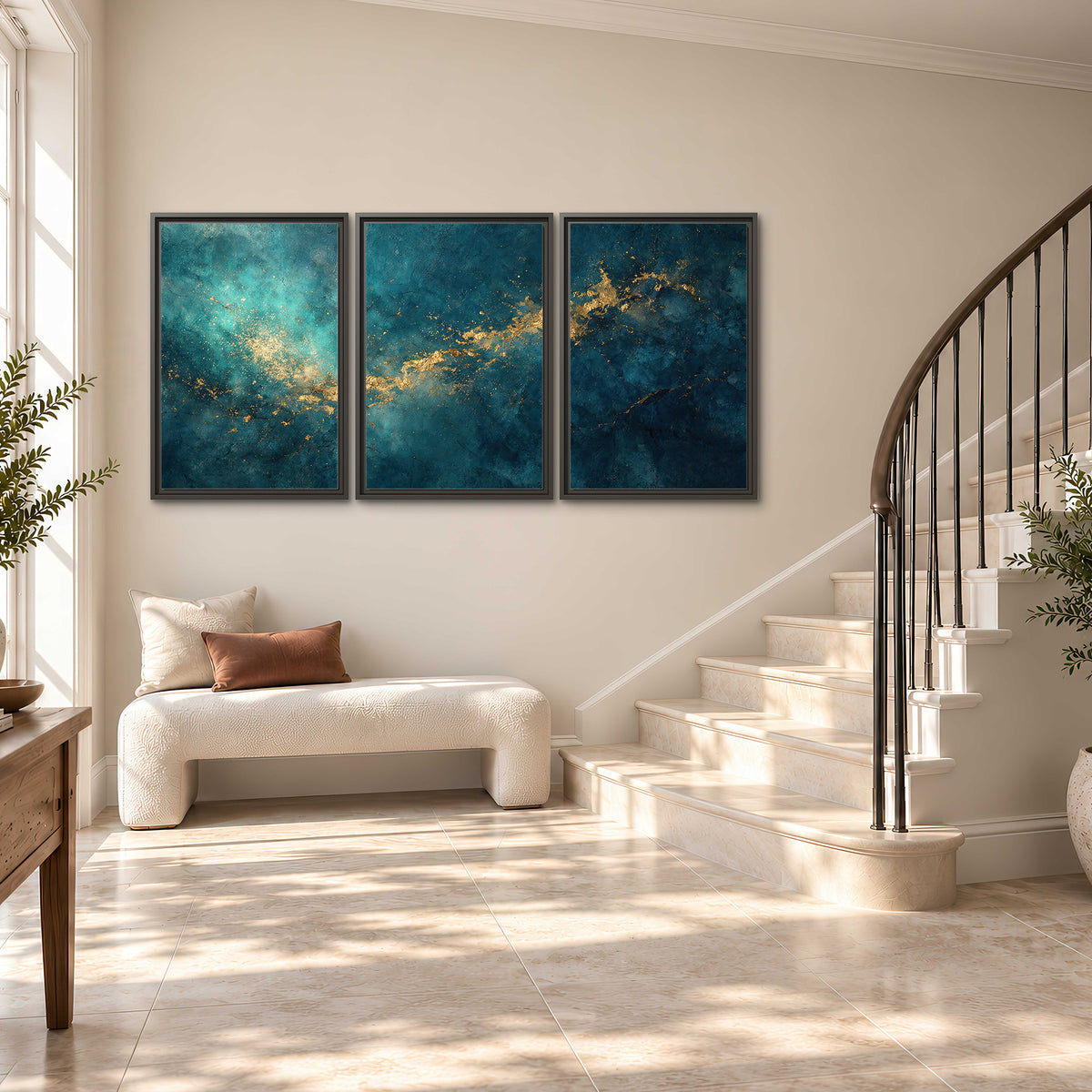 Deep teal clouds with sweeping gold-colored accents 3 piece framed canvas wall art styled in an interior