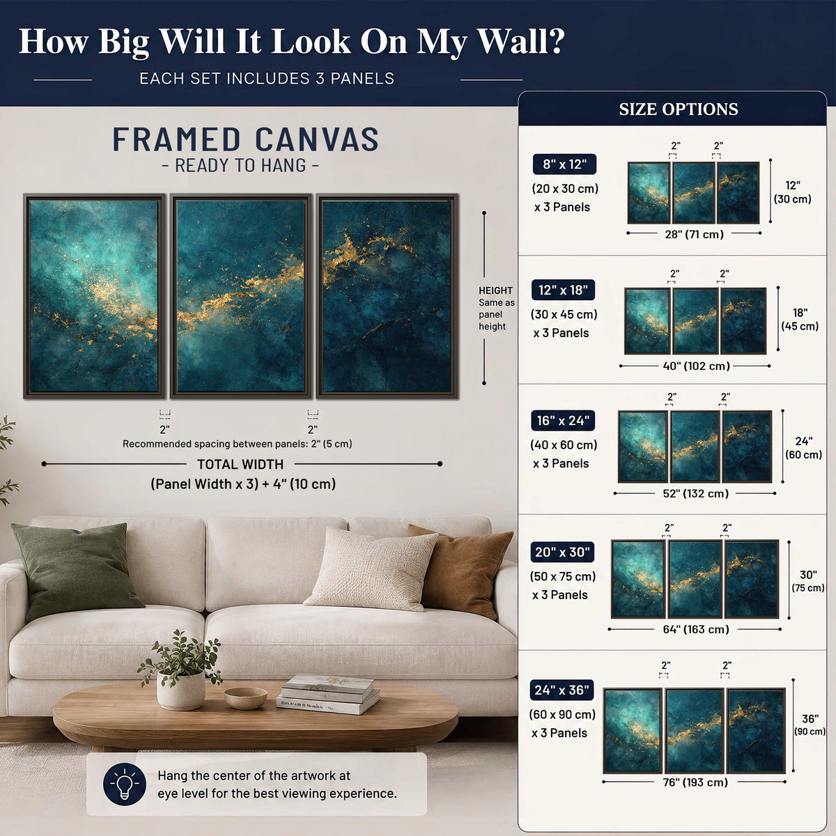 Deep teal clouds with sweeping gold-colored accents 3 piece framed canvas wall art size guide above a sofa; room view is illustrative