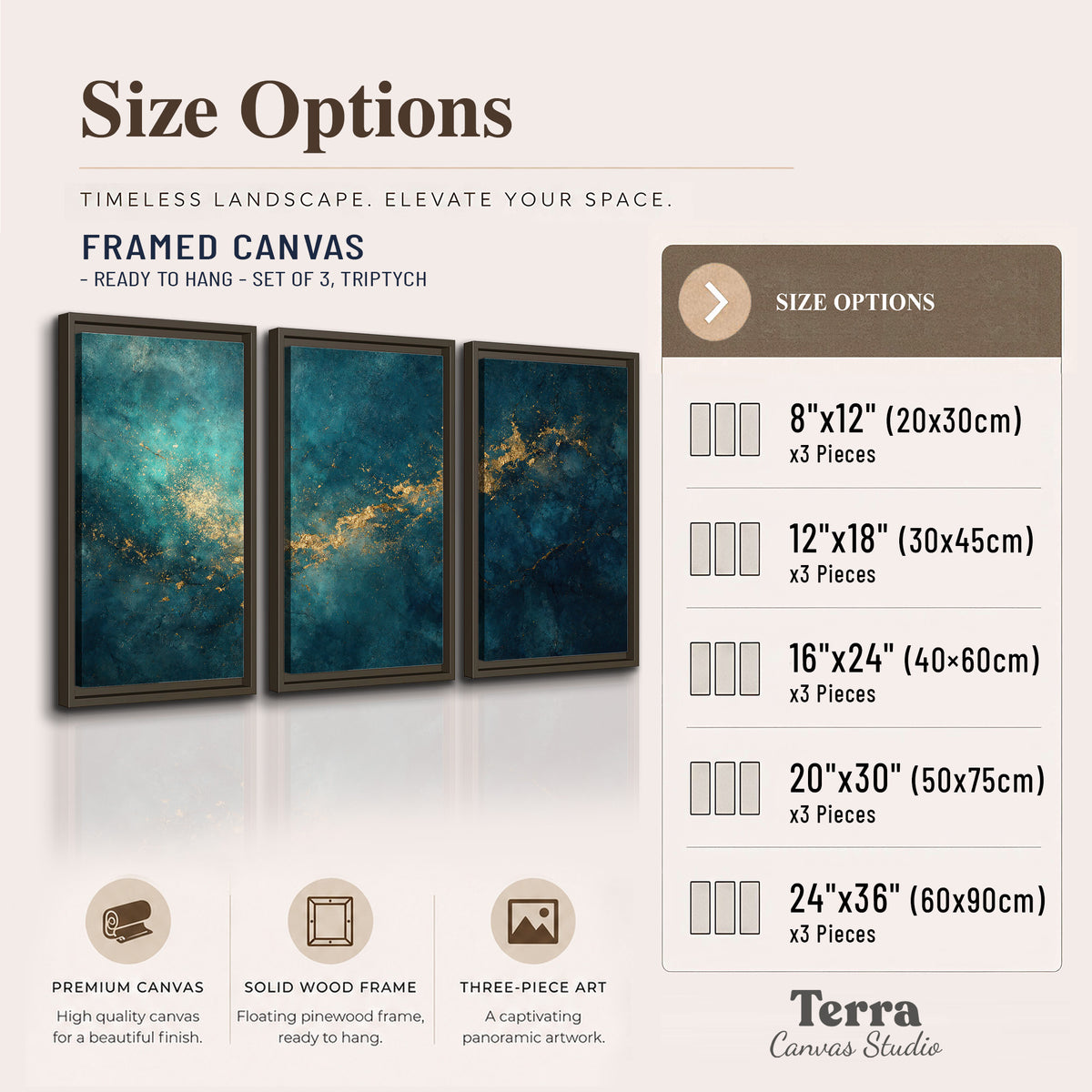 Deep teal clouds with sweeping gold-colored accents 3 piece framed canvas wall art available dimensions; triptych dimensions are per panel