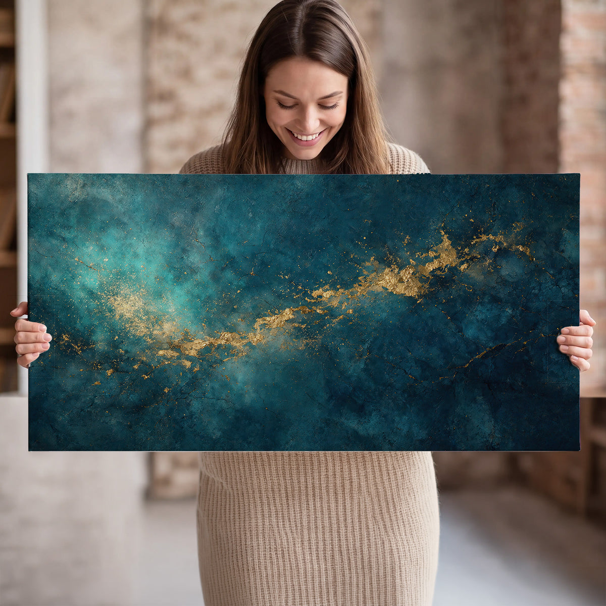 Deep teal clouds with sweeping gold-colored accents single canvas wall art held in hands