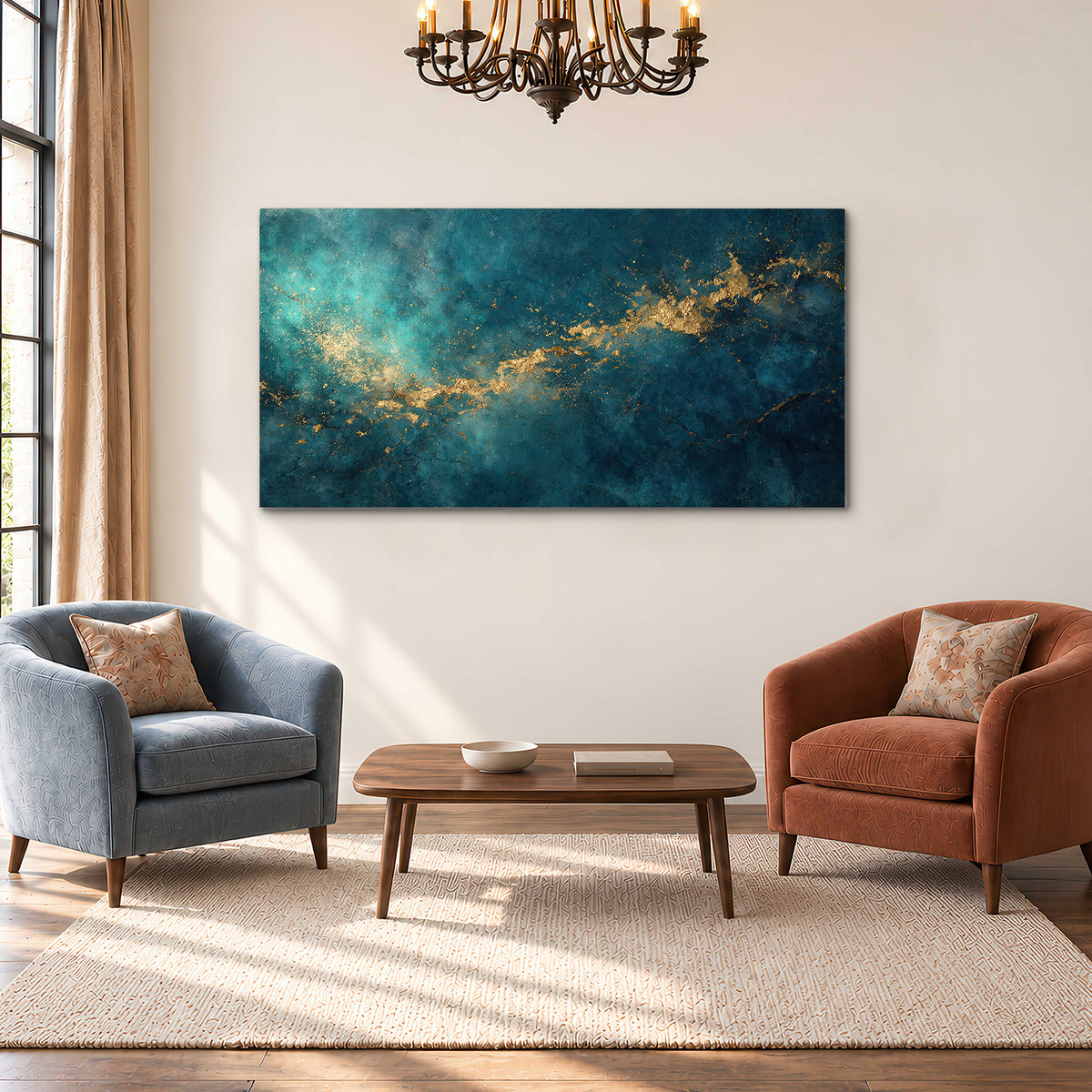 Deep teal clouds with sweeping gold-colored accents single canvas wall art styled in an interior