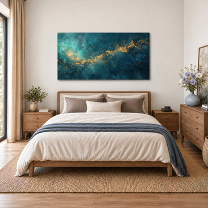 Deep teal clouds with sweeping gold-colored accents single canvas wall art styled in an interior
