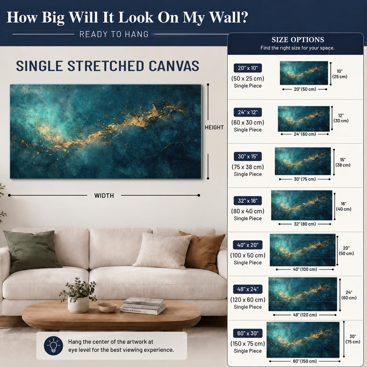 Deep teal clouds with sweeping gold-colored accents single canvas wall art size guide above a sofa; room view is illustrative