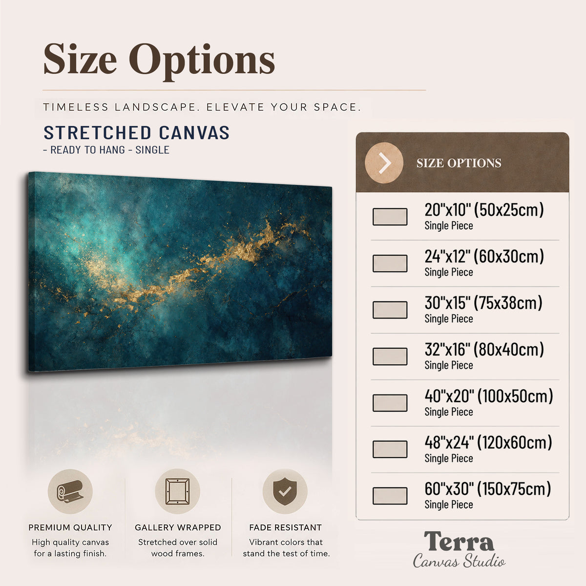 Deep teal clouds with sweeping gold-colored accents single canvas wall art available dimensions