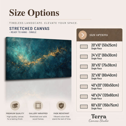 Deep teal clouds with sweeping gold-colored accents single canvas wall art available dimensions