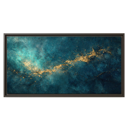 Deep teal clouds with sweeping gold-colored accents single framed canvas wall art viewed straight on