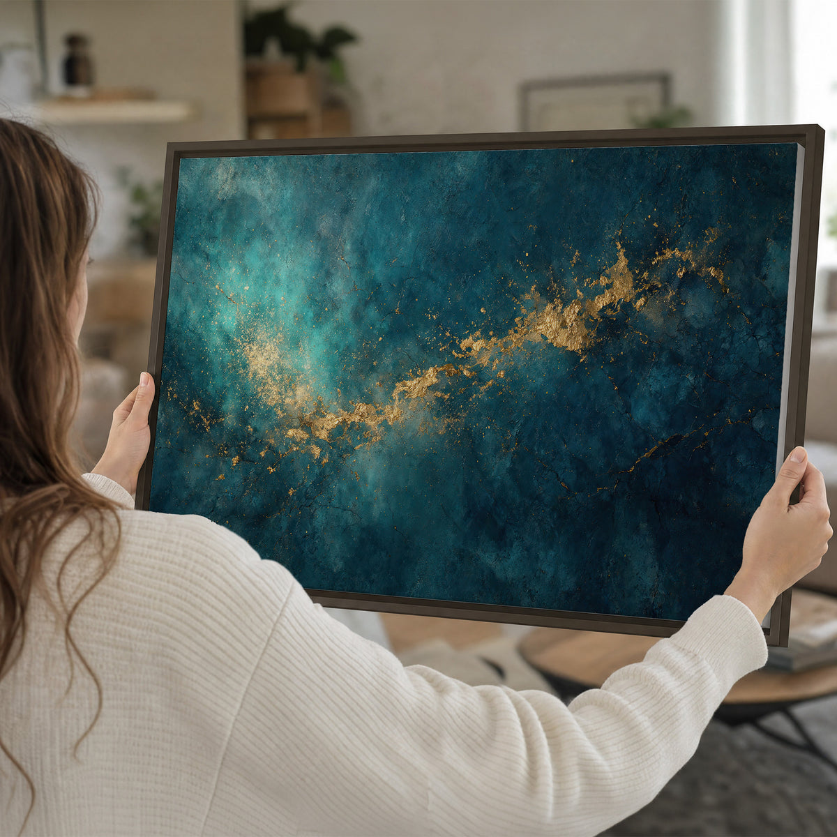 Deep teal clouds with sweeping gold-colored accents single framed canvas wall art held in hands