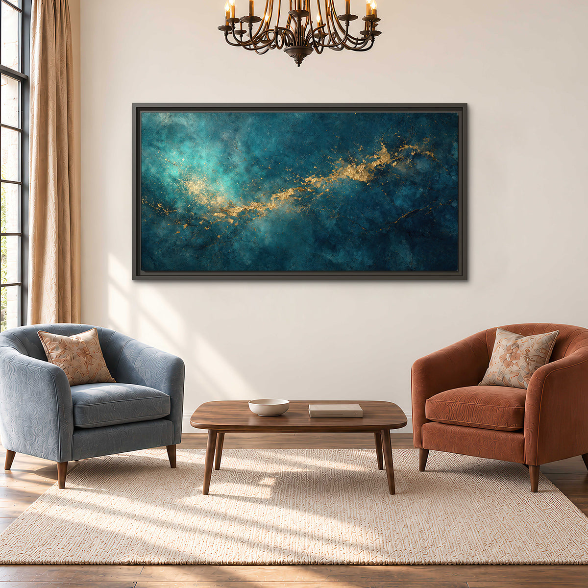 Deep teal clouds with sweeping gold-colored accents single framed canvas wall art styled in an interior