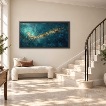 Deep teal clouds with sweeping gold-colored accents single framed canvas wall art styled in an interior