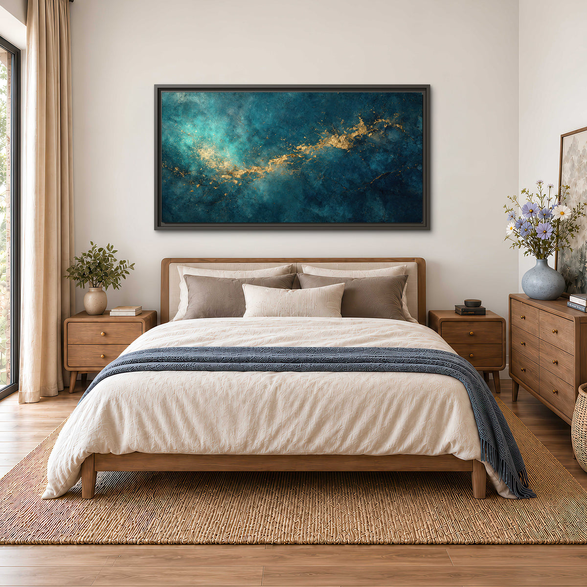 Deep teal clouds with sweeping gold-colored accents single framed canvas wall art styled in an interior