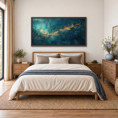Deep teal clouds with sweeping gold-colored accents single framed canvas wall art styled in an interior