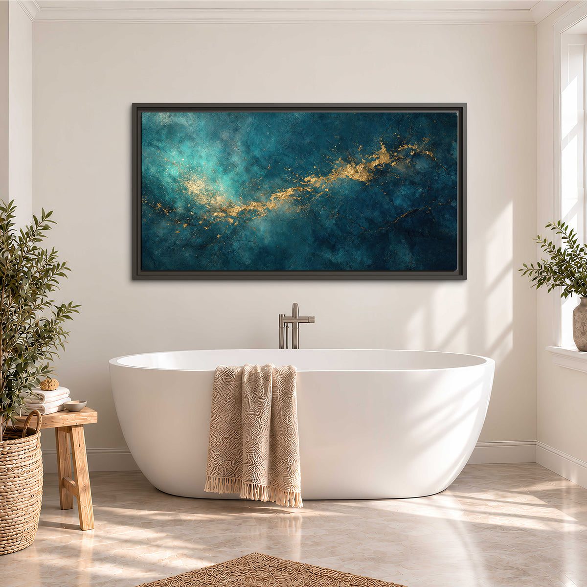 Deep teal clouds with sweeping gold-colored accents single framed canvas wall art styled in an interior
