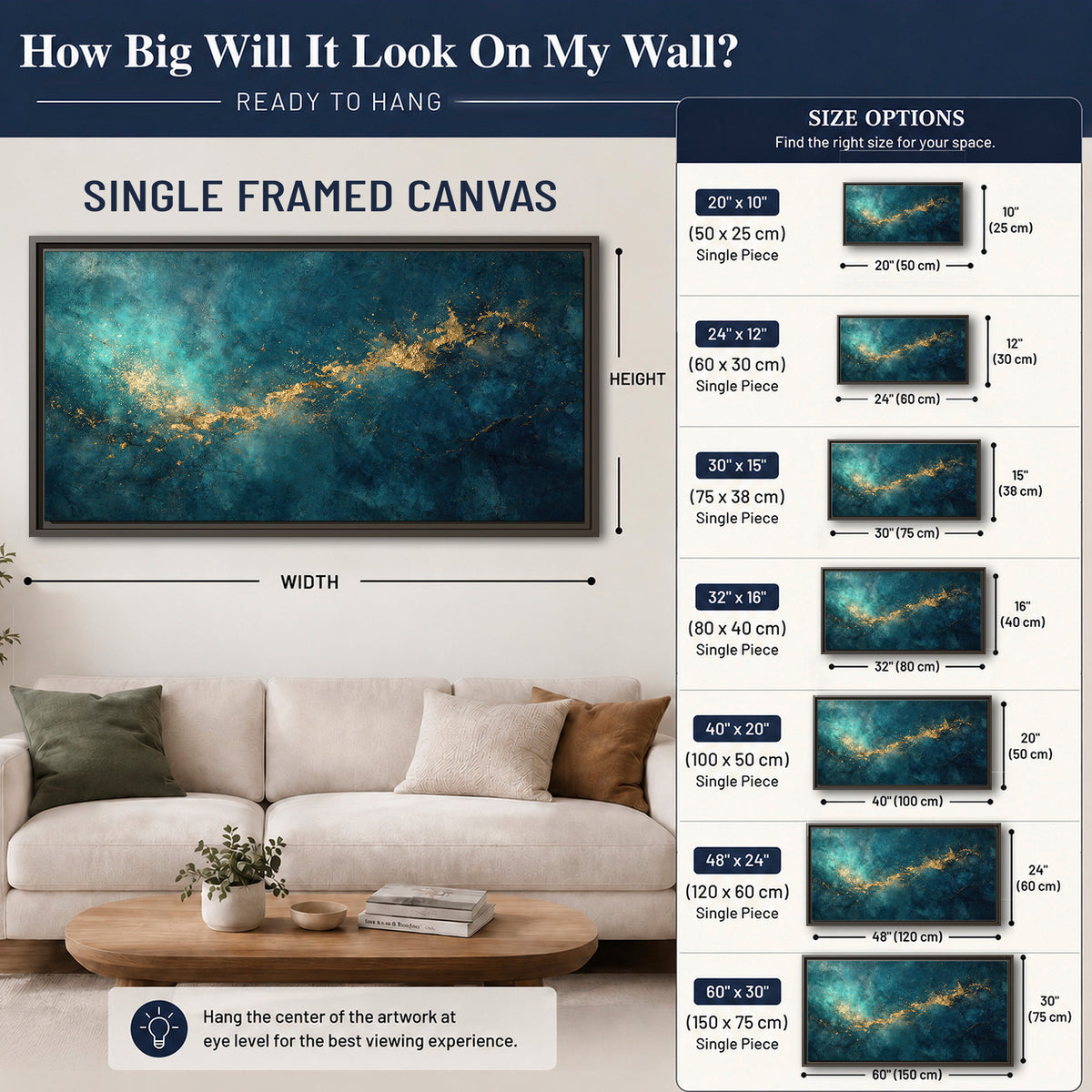 Deep teal clouds with sweeping gold-colored accents single framed canvas wall art size guide above a sofa; room view is illustrative