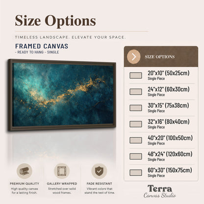 Deep teal clouds with sweeping gold-colored accents single framed canvas wall art available dimensions