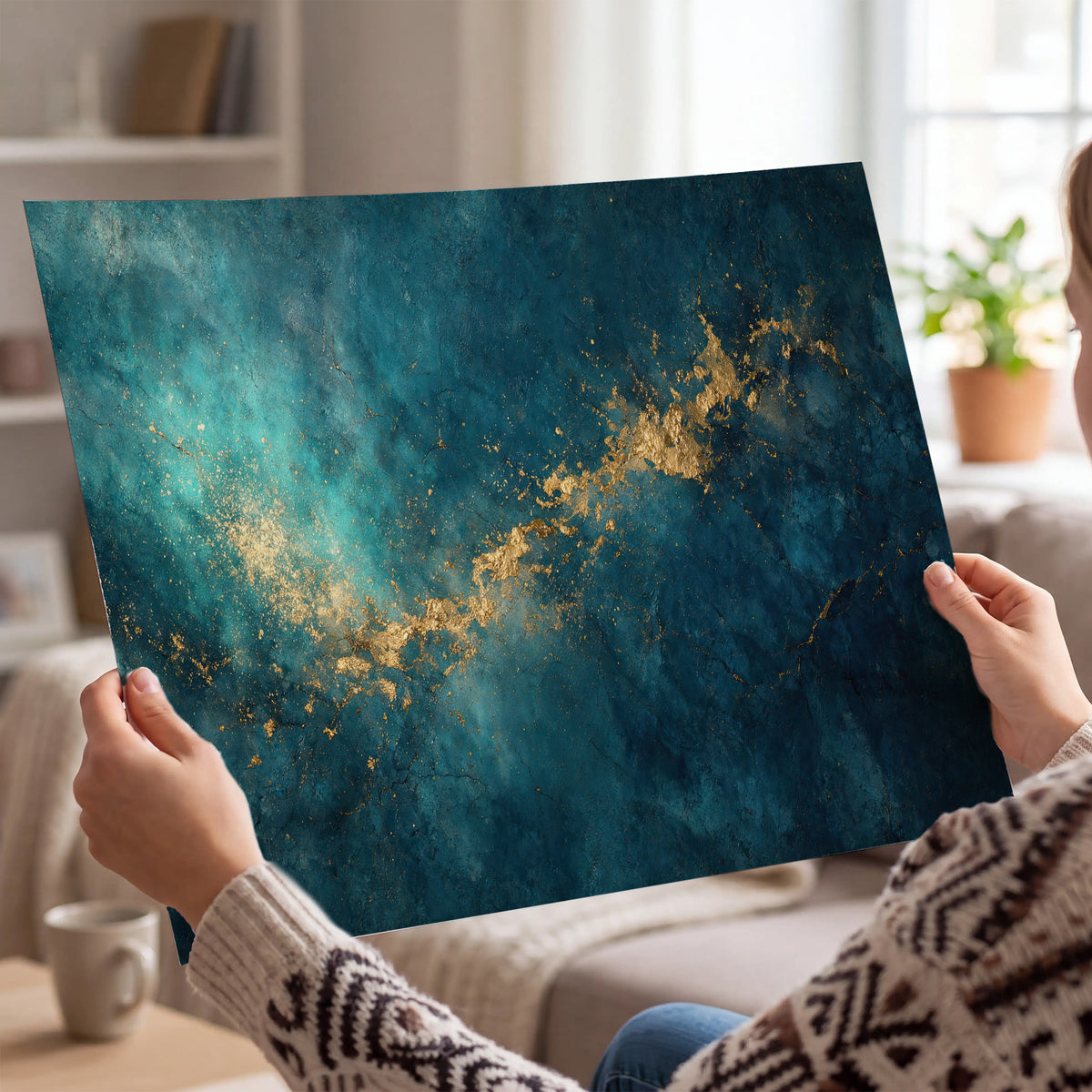 Deep teal clouds with sweeping gold-colored accents single poster print held in hands