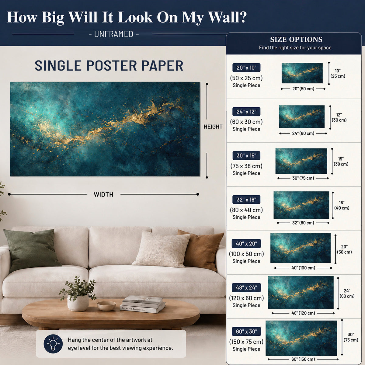 Deep teal clouds with sweeping gold-colored accents single poster print size guide above a sofa; room view is illustrative
