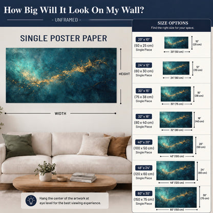Deep teal clouds with sweeping gold-colored accents single poster print size guide above a sofa; room view is illustrative