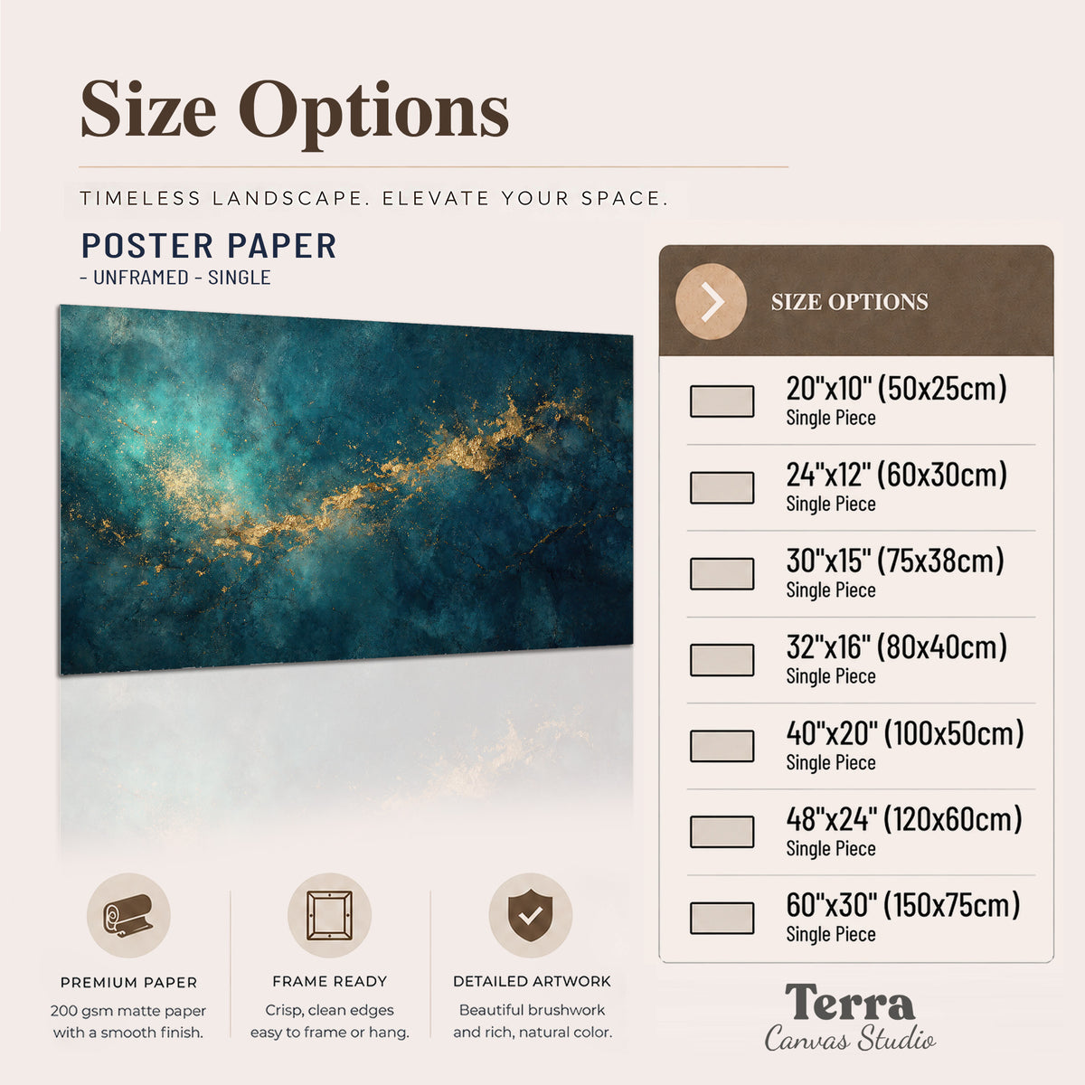 Deep teal clouds with sweeping gold-colored accents single poster print available dimensions