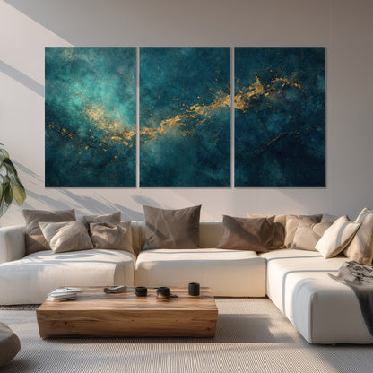 Deep teal clouds with sweeping gold-colored accents set of 3 poster prints displayed in a living room