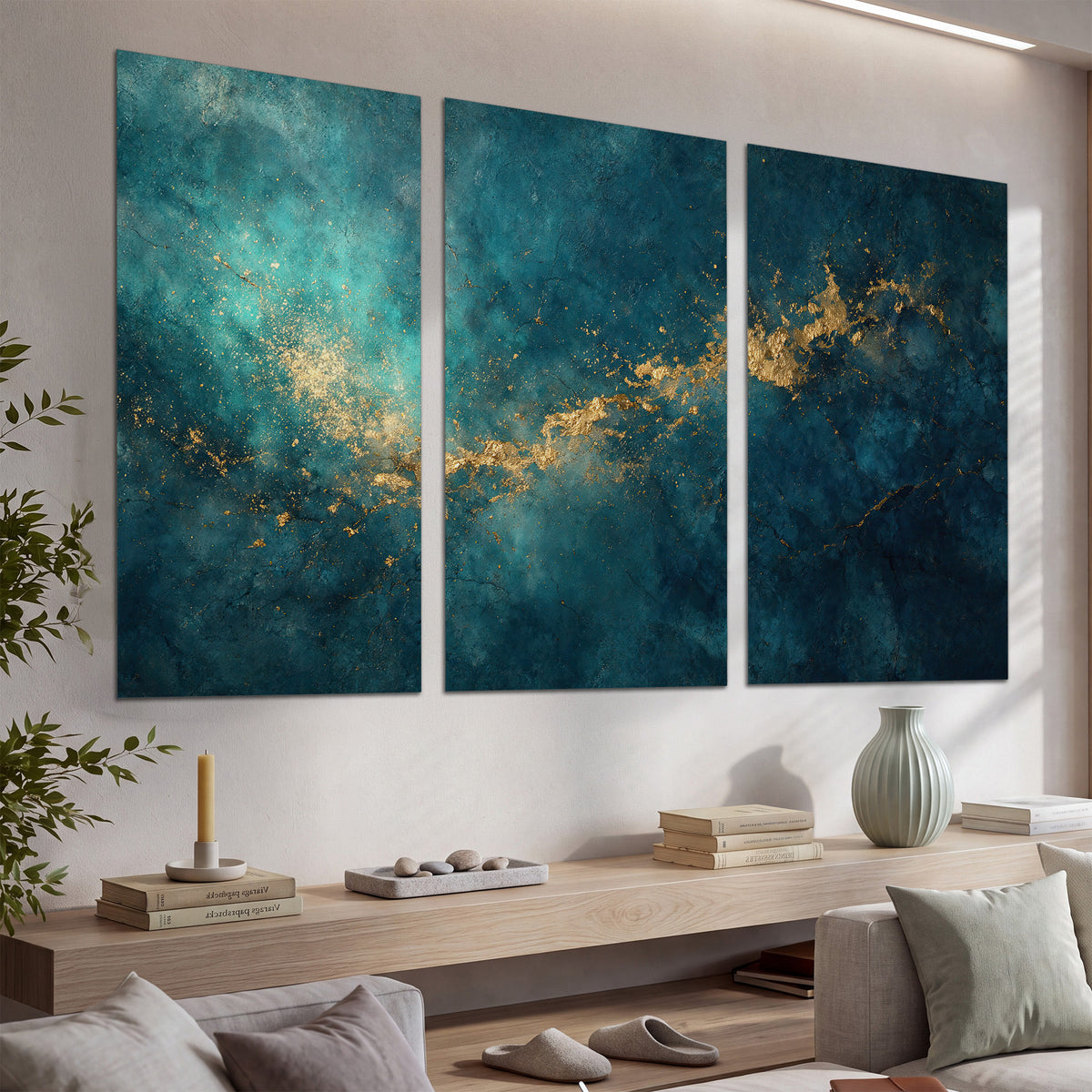 Deep teal clouds with sweeping gold-colored accents set of 3 poster prints displayed in a console