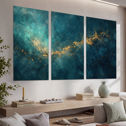 Deep teal clouds with sweeping gold-colored accents set of 3 poster prints displayed in a console