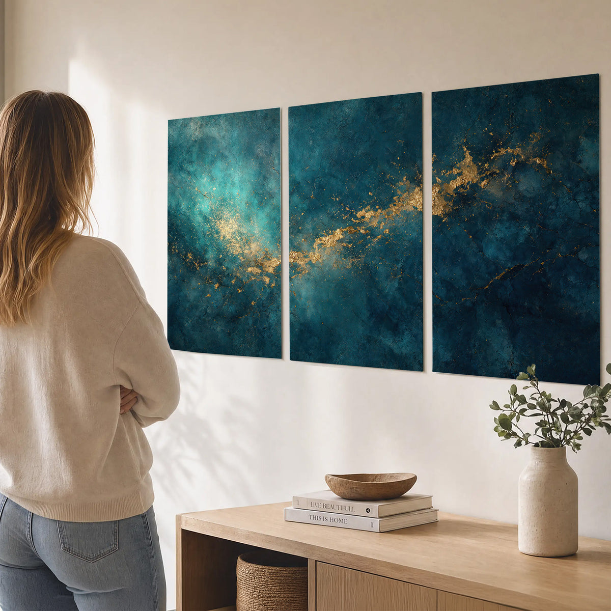 Deep teal clouds with sweeping gold-colored accents set of 3 poster prints three panel arrangement on a wall