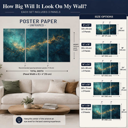 Deep teal clouds with sweeping gold-colored accents set of 3 poster prints size guide above a sofa; room view is illustrative