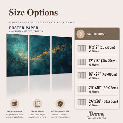 Deep teal clouds with sweeping gold-colored accents set of 3 poster prints available dimensions; triptych dimensions are per panel