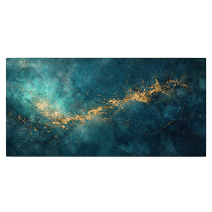 Deep teal clouds with sweeping gold-colored accents single canvas wall art viewed straight on