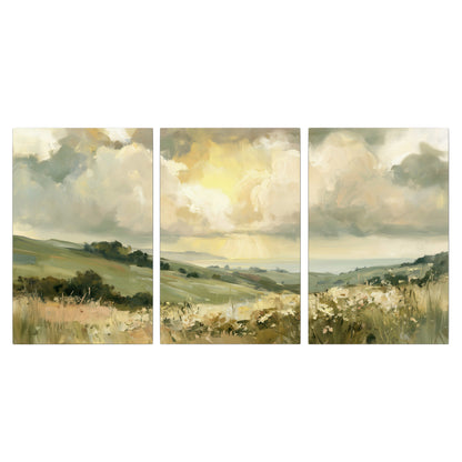 Rolling green hills beneath a luminous cloudy sky 3 piece canvas wall art viewed straight on