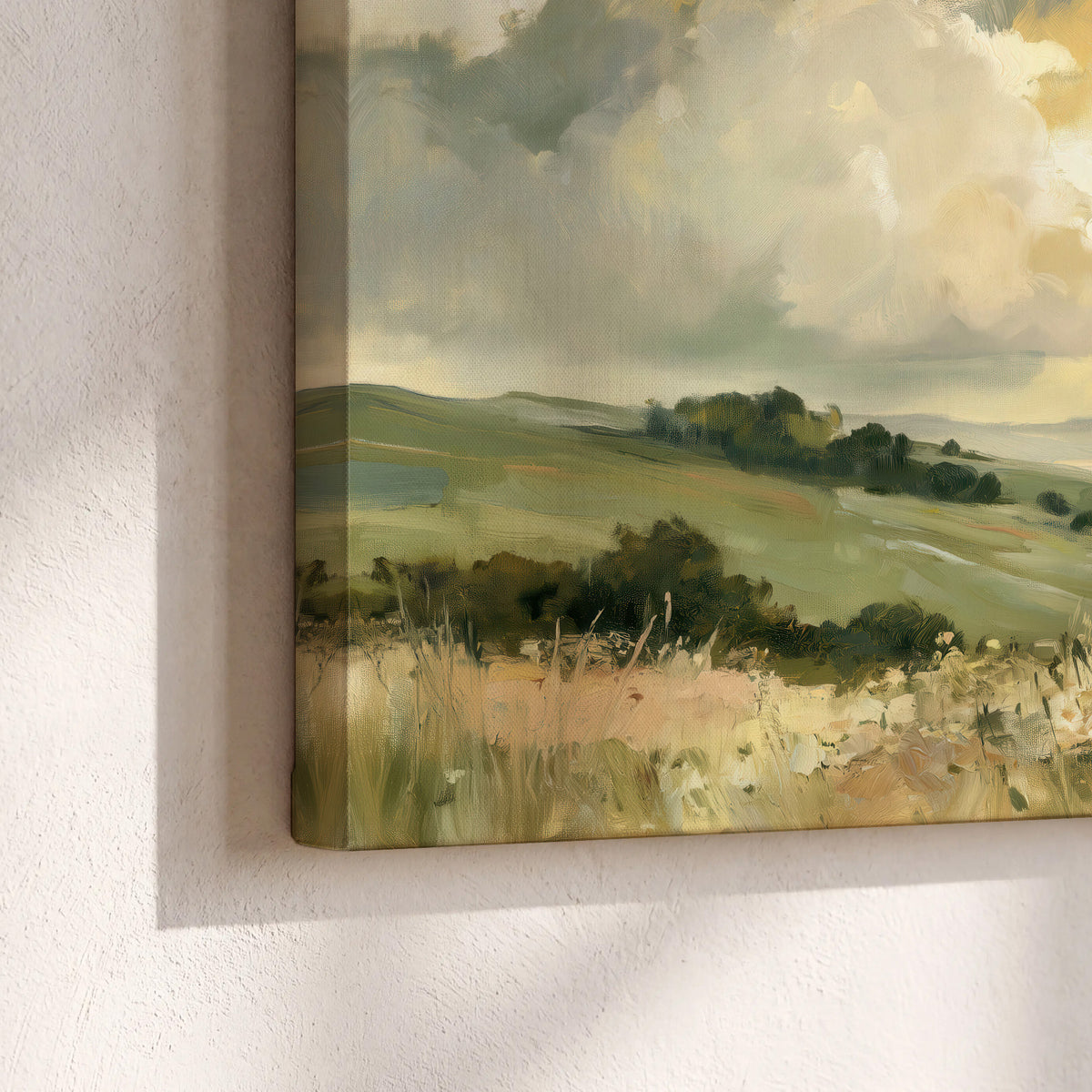 Rolling green hills beneath a luminous cloudy sky 3 piece canvas wall art material and edge close up