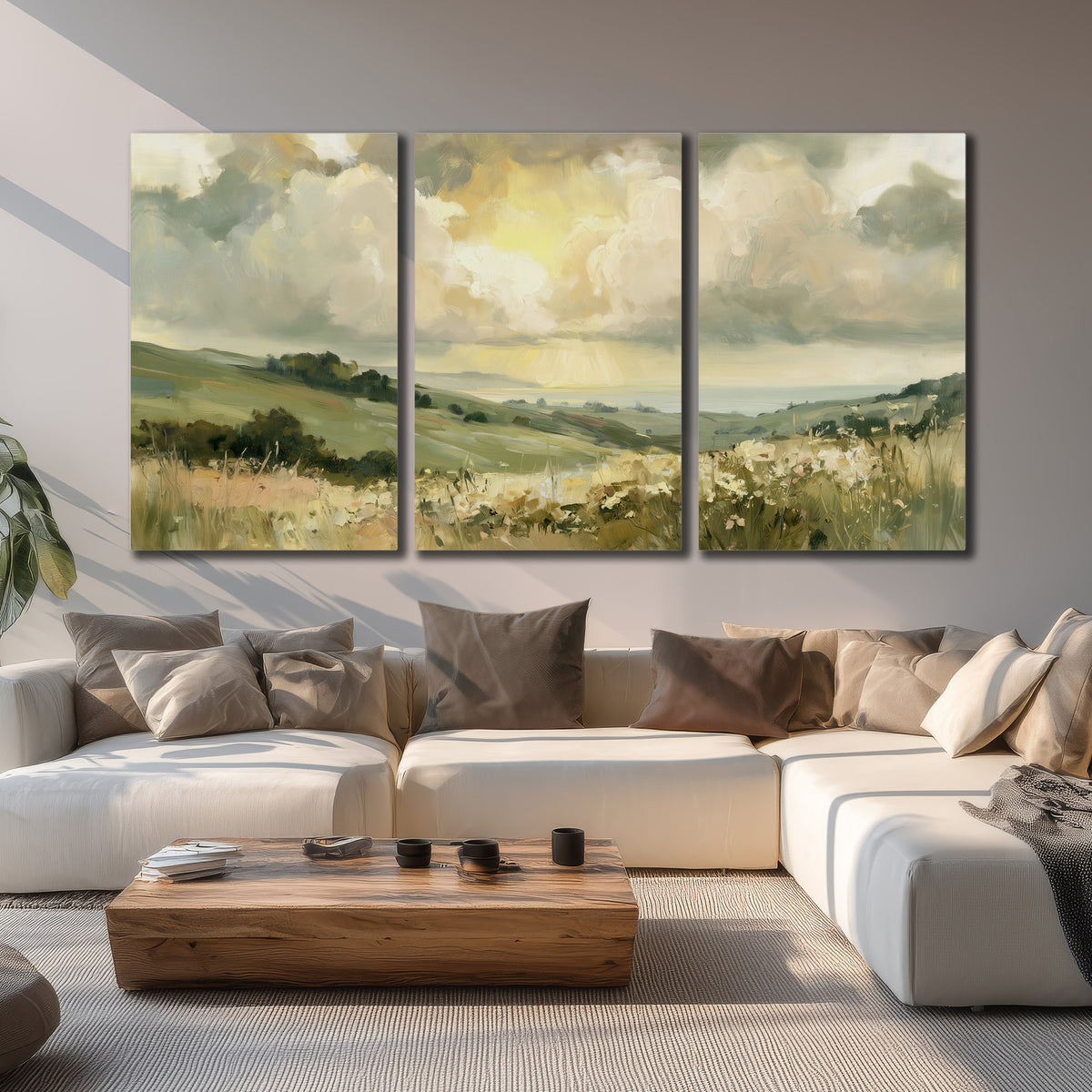 Rolling green hills beneath a luminous cloudy sky 3 piece canvas wall art displayed in a living room