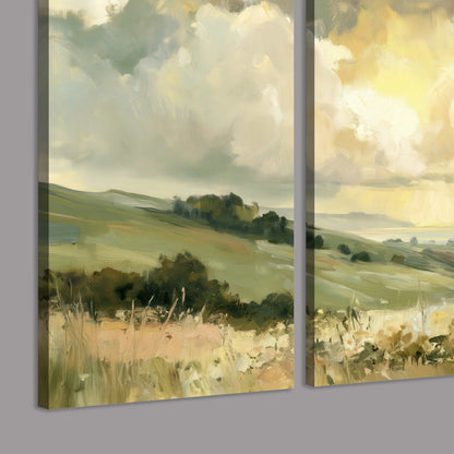 Rolling green hills beneath a luminous cloudy sky 3 piece canvas wall art room and product view