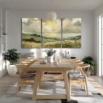 Rolling green hills beneath a luminous cloudy sky 3 piece canvas wall art room and product view