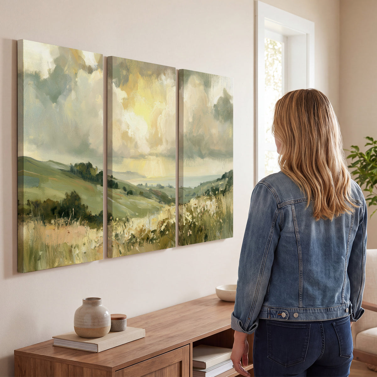 Rolling green hills beneath a luminous cloudy sky 3 piece canvas wall art three panel arrangement on a wall