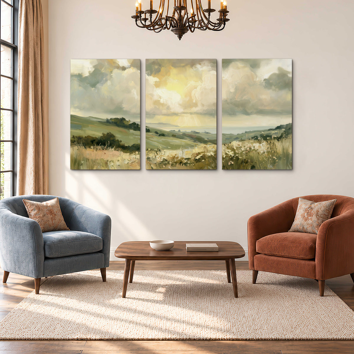 Rolling green hills beneath a luminous cloudy sky 3 piece canvas wall art styled in an interior