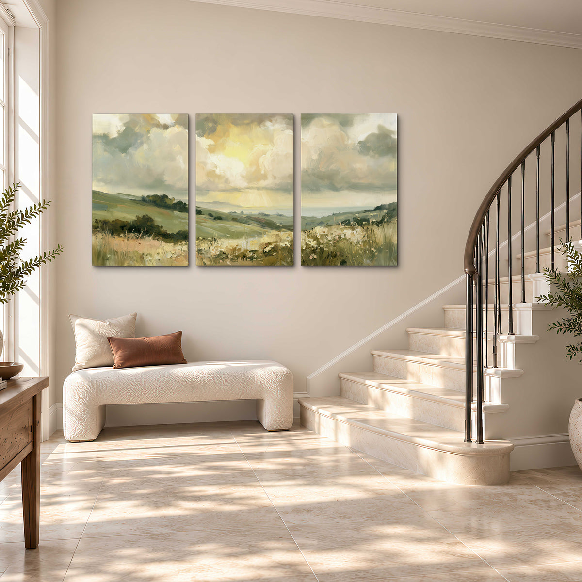 Rolling green hills beneath a luminous cloudy sky 3 piece canvas wall art styled in an interior