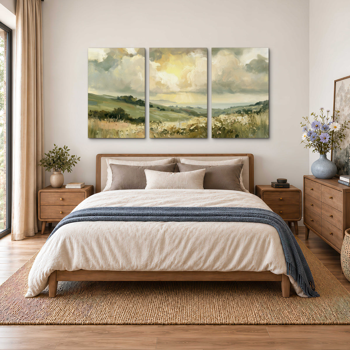 Rolling green hills beneath a luminous cloudy sky 3 piece canvas wall art styled in an interior