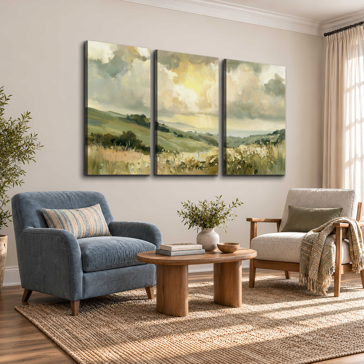 Rolling green hills beneath a luminous cloudy sky 3 piece canvas wall art styled in an interior