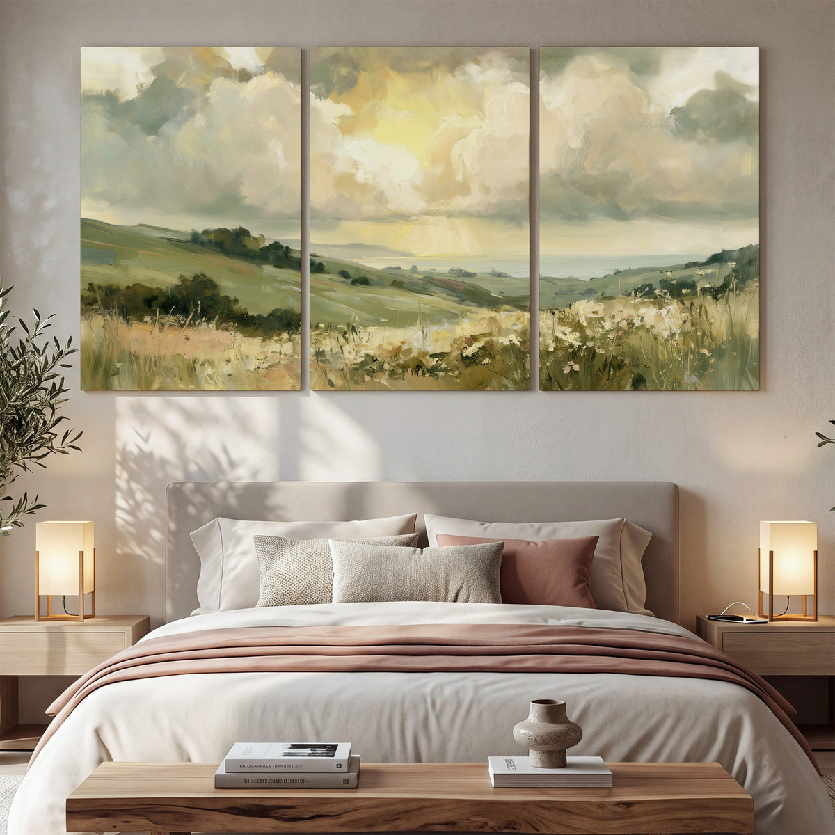 Rolling green hills beneath a luminous cloudy sky 3 piece canvas wall art displayed in a bedroom