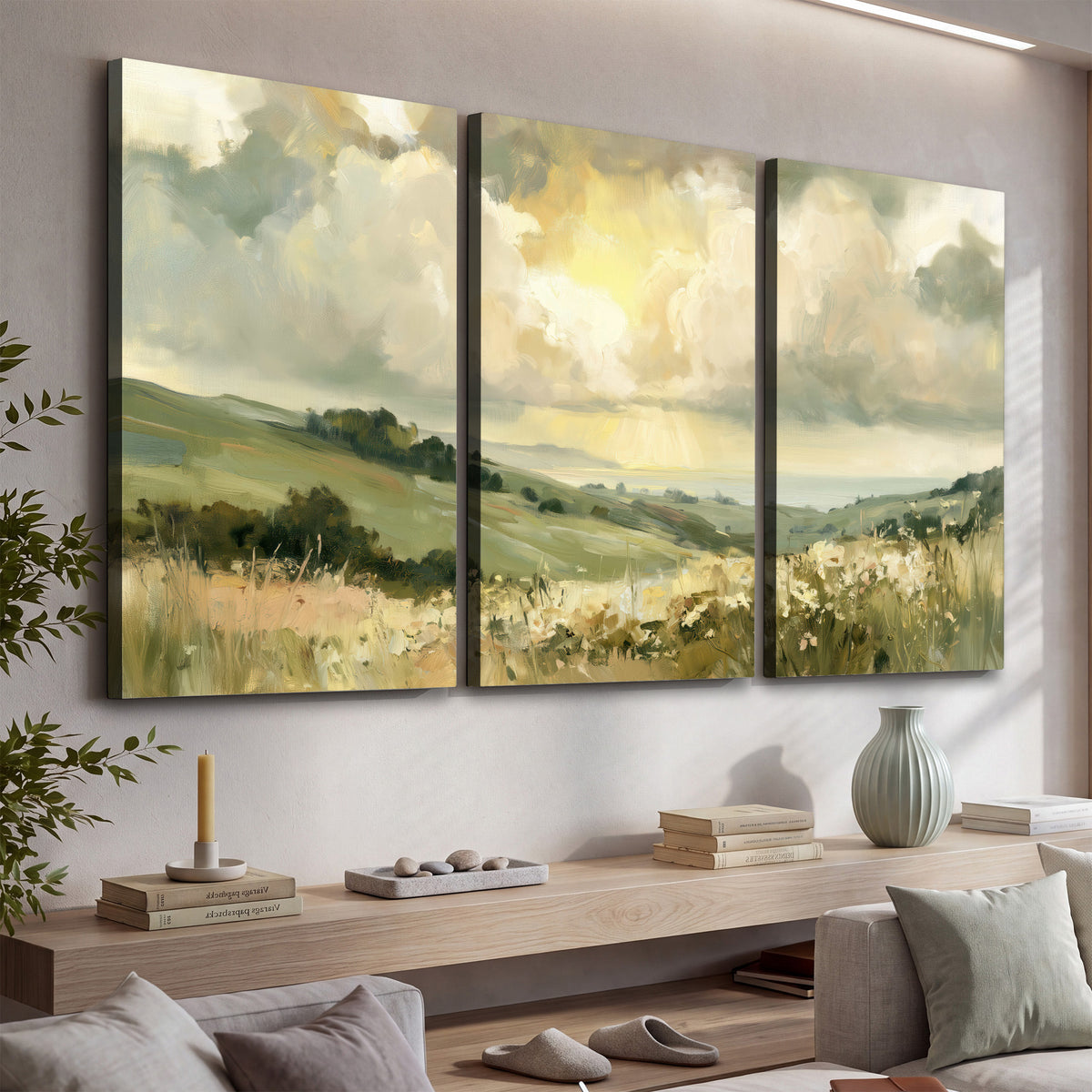 Rolling green hills beneath a luminous cloudy sky 3 piece canvas wall art displayed in a console