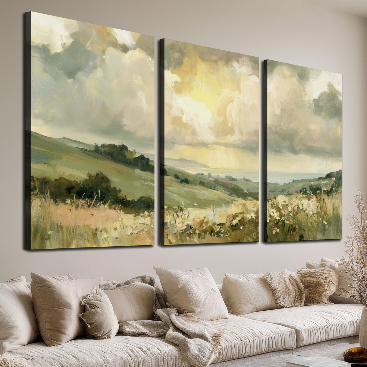 Rolling green hills beneath a luminous cloudy sky 3 piece canvas wall art room and product view