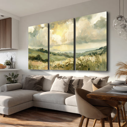 Rolling green hills beneath a luminous cloudy sky 3 piece canvas wall art room and product view