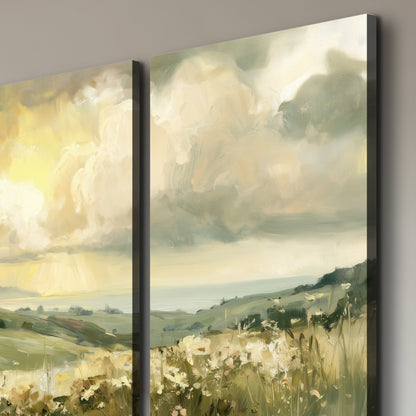 Rolling green hills beneath a luminous cloudy sky 3 piece canvas wall art room and product view