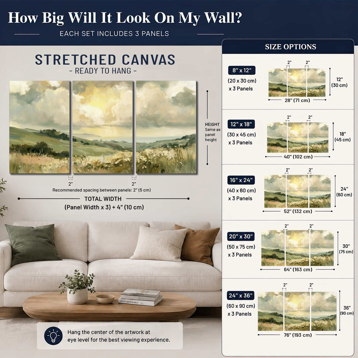Rolling green hills beneath a luminous cloudy sky 3 piece canvas wall art size guide above a sofa; room view is illustrative