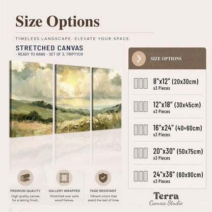 Rolling green hills beneath a luminous cloudy sky 3 piece canvas wall art available dimensions; triptych dimensions are per panel