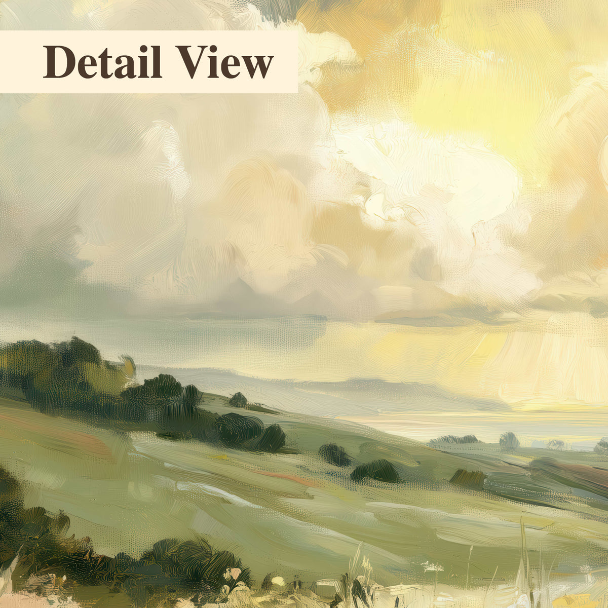 Rolling green hills beneath a luminous cloudy sky 3 piece canvas wall art artwork detail close up