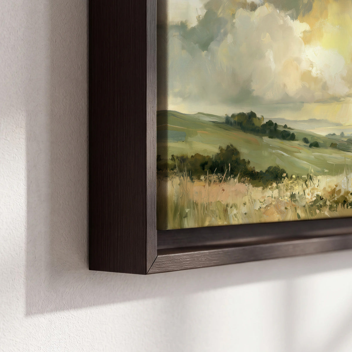 Rolling green hills beneath a luminous cloudy sky 3 piece framed canvas wall art material and edge close up