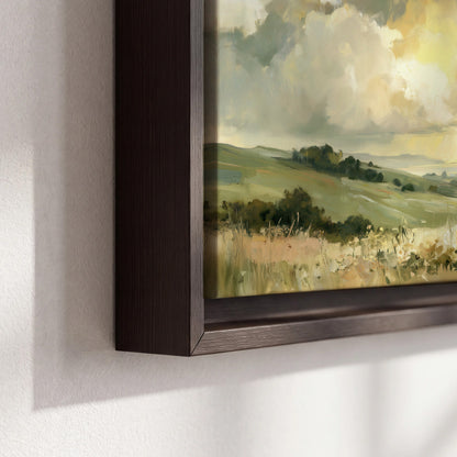 Rolling green hills beneath a luminous cloudy sky 3 piece framed canvas wall art material and edge close up