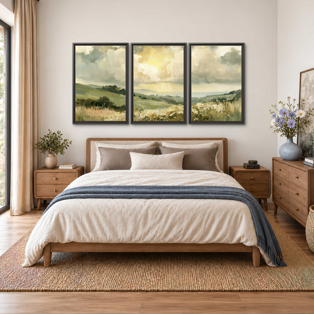 Rolling green hills beneath a luminous cloudy sky 3 piece framed canvas wall art styled in an interior
